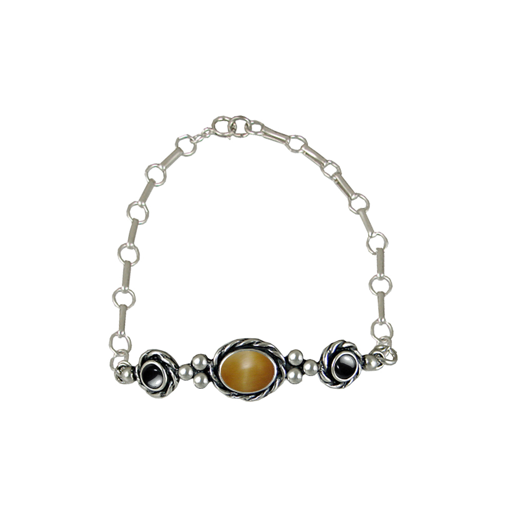 Sterling Silver Gemstone Adjustable Chain Bracelet With Honey Tiger Eye And Hematite